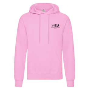 Fruit of the Loom hoodie, pink med logo og navn. 